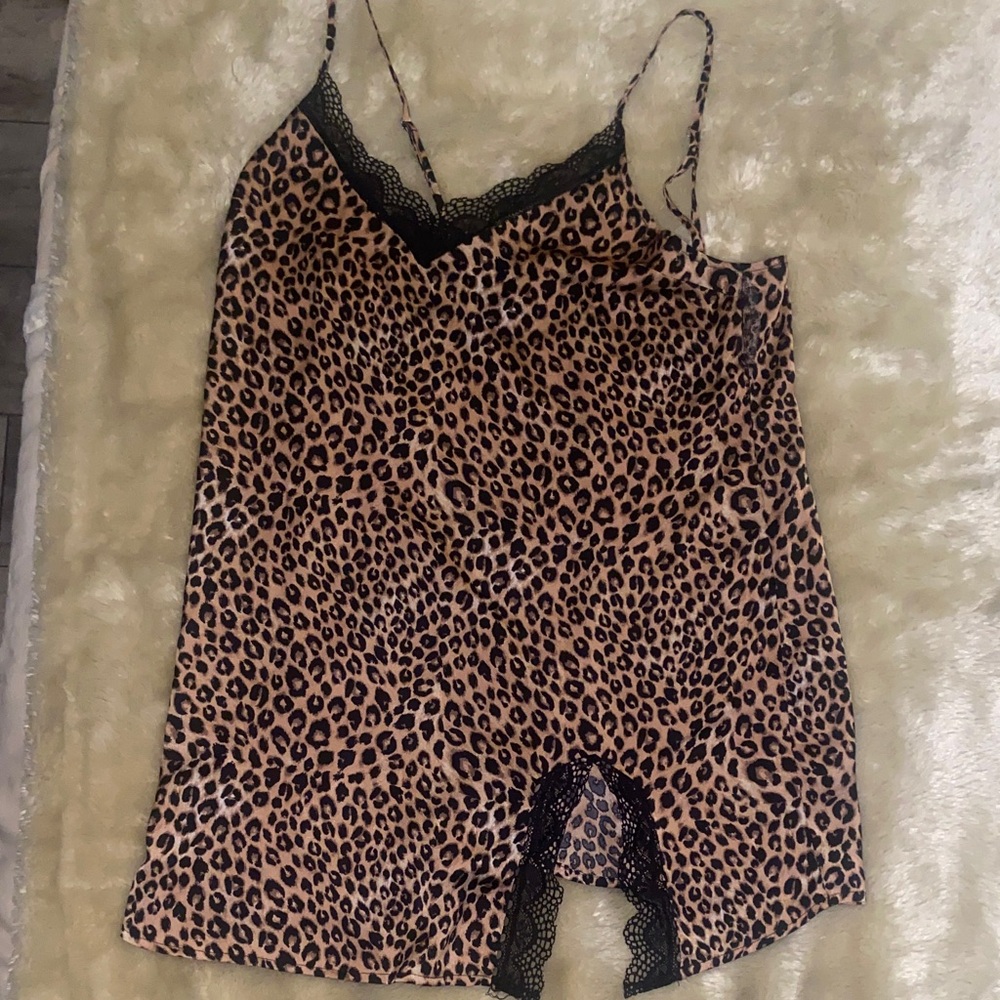Leopard Print Satin Slip Chemise with Black Lace Trim - Brown/Black
